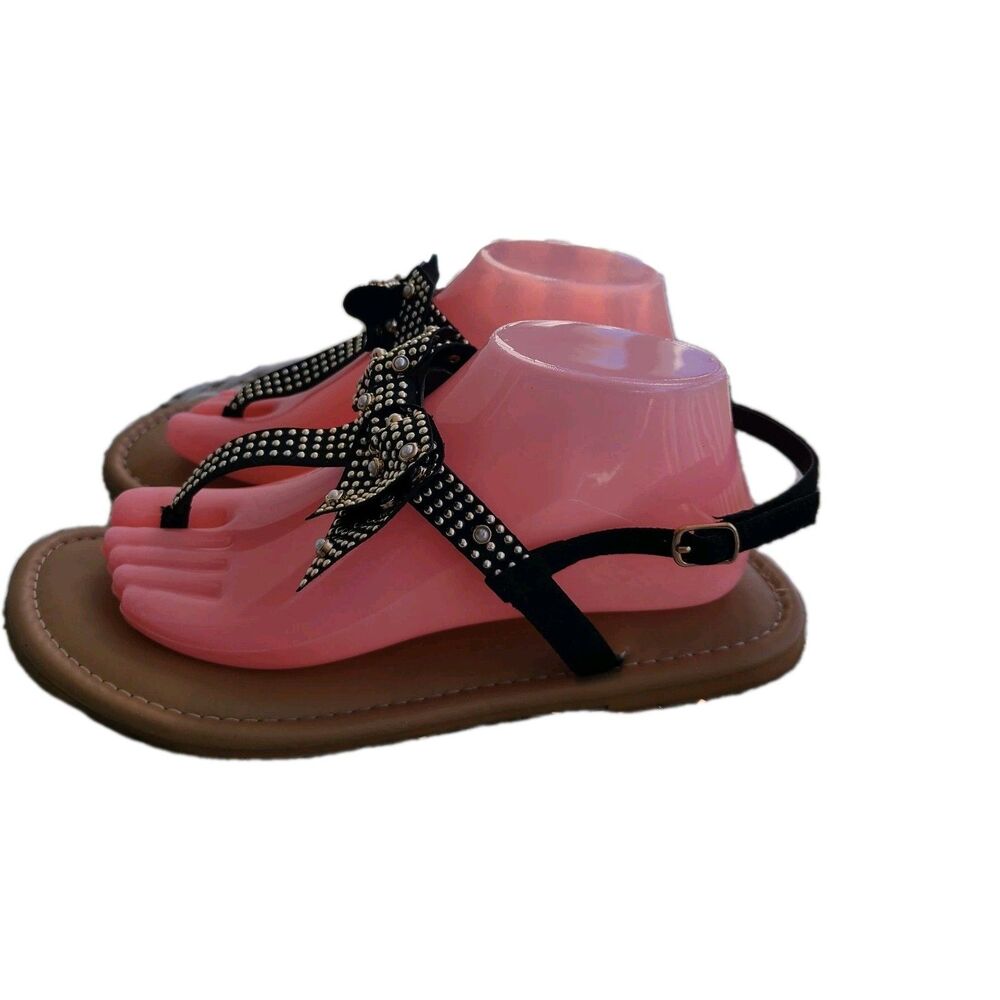 Torrid 10W Bow Sandals Black Studded Pearl T-Strap Flat Slingback Whimsigoth - Picture 3 of 6